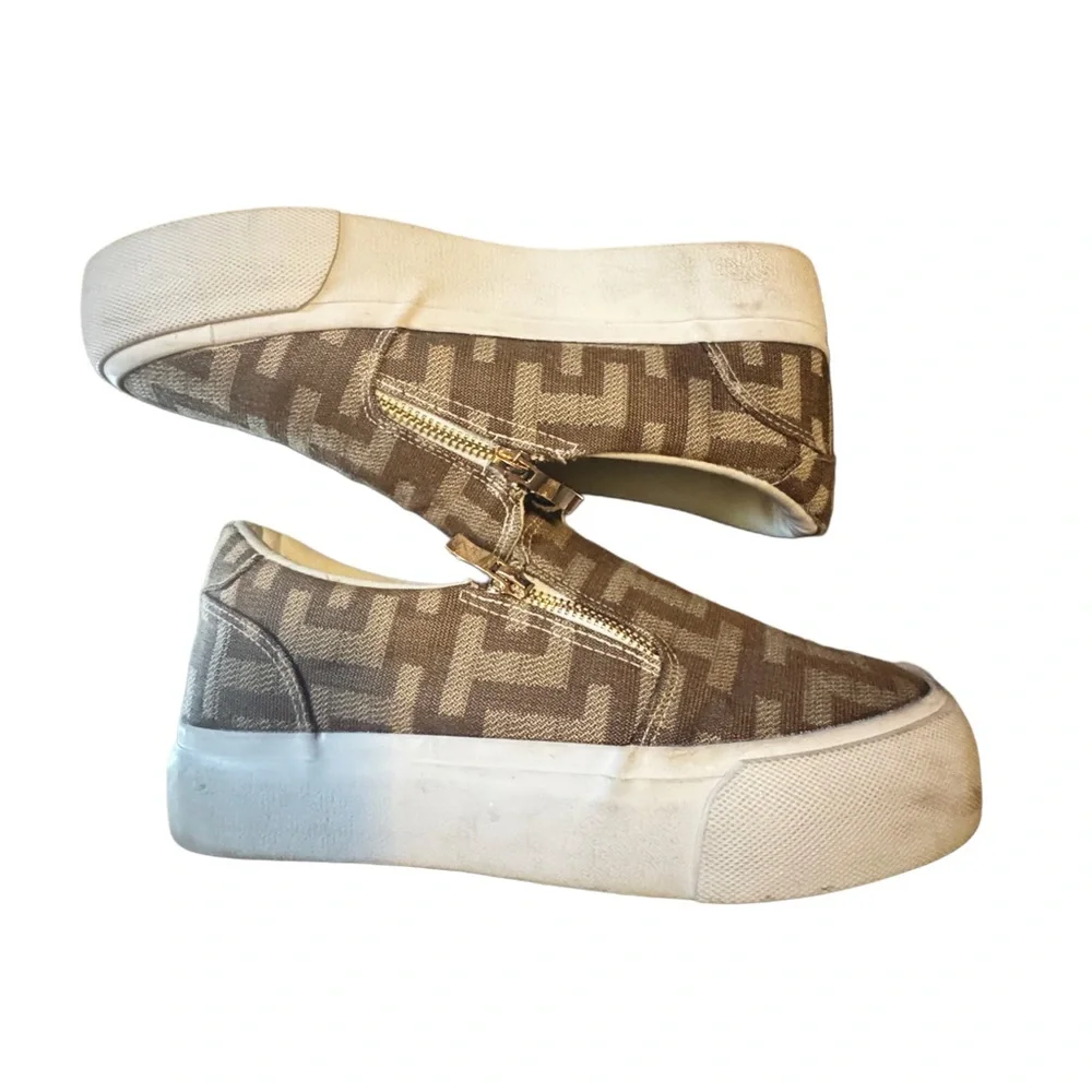 Show Dazzle- Beige Monogram Slip-On Sneakers w/ Side Zip Detail